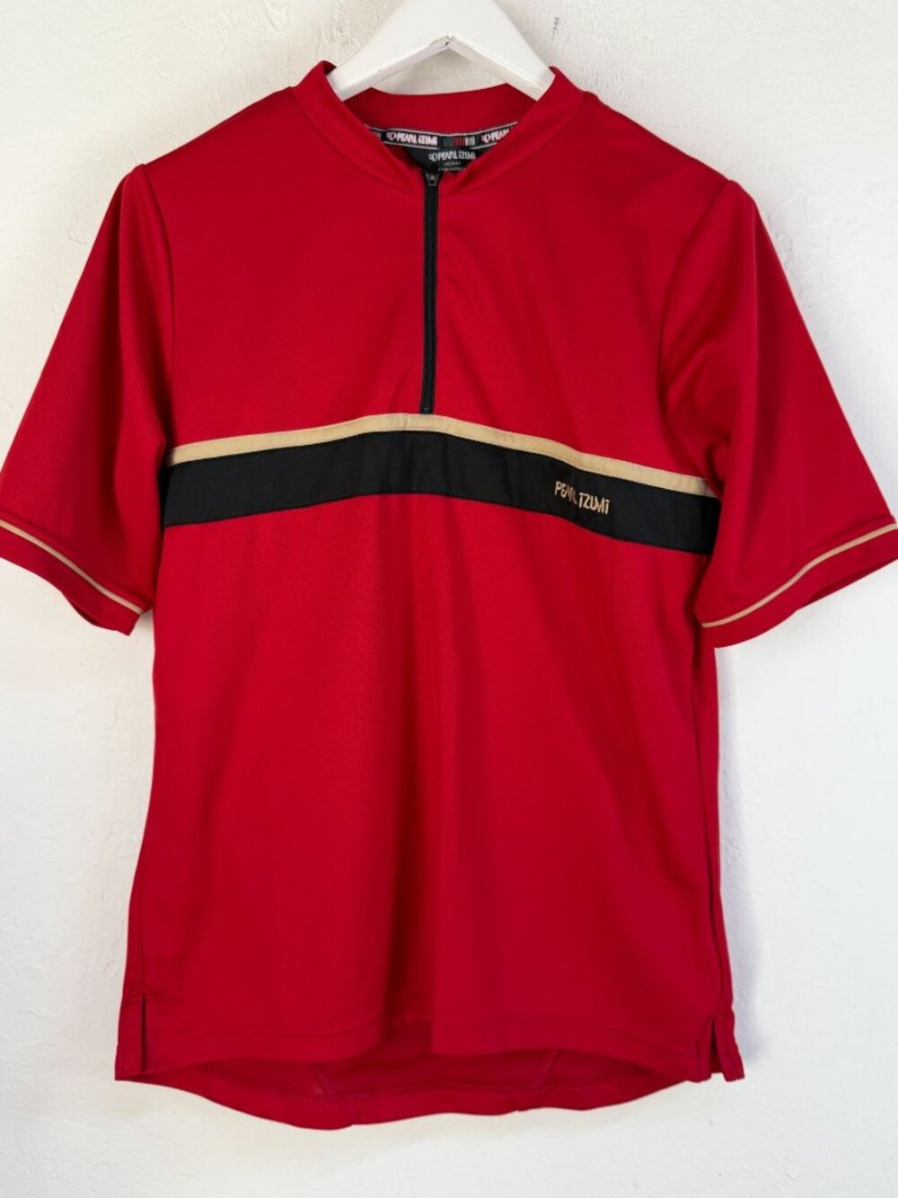 Pearl Izumi Mens Red Cycling Jersey Medium 1/4 Zip Short Sleeve Pockets Pullover
